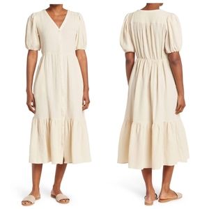 CHELSEA & THEODORE Toasted Oat Gauze Puff Sleeve Midi Dress